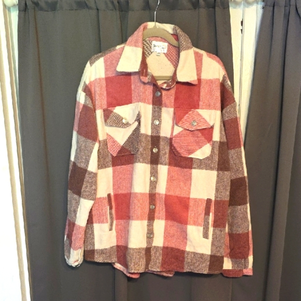 Sweet Tine‎ Women's Shacket Jacket Pink/Brown/White Plaid Buttons Pockets Sz 2XL